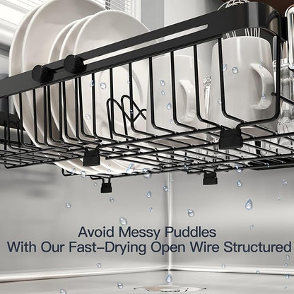 MAJALiS Expandable Stainless Steel Over The Sink Dish Drying Rack for Small Kitchen Counter Space Saving, Compact RV Plate Drainer Strainer in Black Wire Metal with Hanging Adjustable Utensil Holder