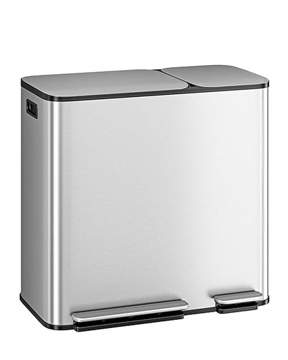Dual Compartment Trash Can for Kitchen, 50L + 20L (18.5 Gallon) Stainless Steel Recycling Bin, Step Pedal Garbage Can with Soft Close Lid for Large Families, Brushed Silver