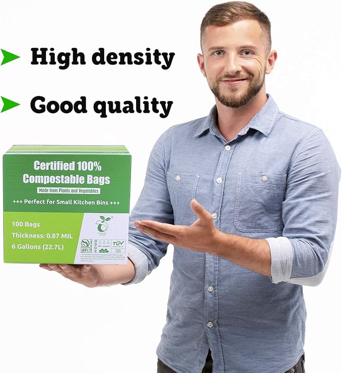 Compostable Bags, 6 Gallon Food Scraps Yard Waste Bags, 100 Count, Extra Thick 0.87 Mil. ASTMD6400 Compost Bags Small Kitchen Trash Bags, Certified By BPI And TÜV AUSTRIA,