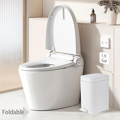 rejomiik Small Bathroom Trash Can with Lid 1.9 Gallon Step Trash Can Slim Garbage Can with Soft-Close Waste Bin for Bathroom, Bedroom, Office, Dorm, RV, White