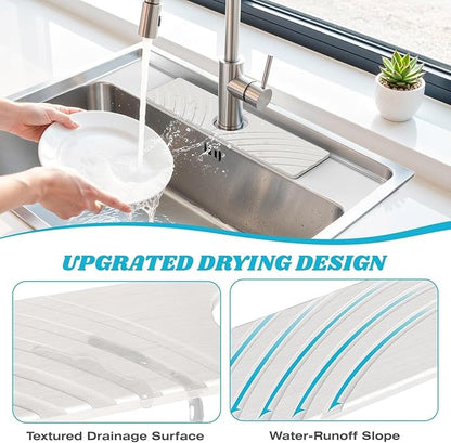SpaceHacks Stone Faucet Mat for Kitchen Sink - Fast Drying Diatomite Stone Drying Mat, Textured Drainage Sink Protector, Water Splash Guard with Base Pads for Bathroom Counter (15.7x4 in, White)