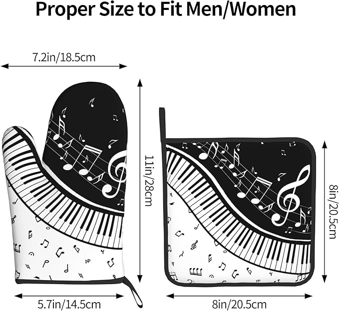 Oven Mitt and Pot Holders Sets - Music Kitchen Mitts Black White Piano Oven Gloves Hot Pads Set of 2 for Cooking BBQ Baking Grilling