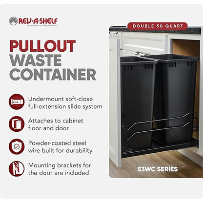 Rev-A-Shelf Double Pullout Trash Cans for Full Height Kitchen Cabinets 50 Quart 12.5 Gallon with Soft-Close Slides, 14.5" Min Opening, 53WC-2150SCDM-218