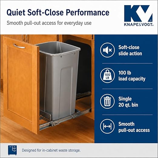 Knape & Vogt SCB9-1-20PT 8.375 inch x 20.125 inch x 17.313 inch 20 Qt. in-Cabinet Single Soft-Close Bottom-Mount Pull-Out Trash Can, Platinum