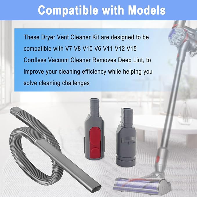Upgraded Dryer Vent Cleaner Kit Compatible with Dryer Lint Vacuum Attachment for Dyson V7 V8 V10 V6 V11 V12 V15 Cordless Vacuum Cleaner Removes Deep Lint