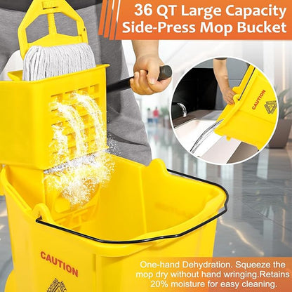 38 Qt Commercial Bucket with Side Press Wringer on Wheels, Yellow Industrial Set for Floor Cleaning, Including 1 Industrial Mop and Wet Floor Caution Sign, Beyoco