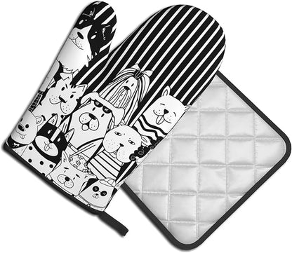 Dog Pot Holders and Oven Mitts - Black Cooking Gloves Hot Pads for Kitchen Fun Chef Gifts for Cooking Lover Cooks