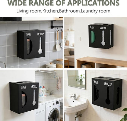 2 in 1 Trash Bag Dispenser, Double Wall Mounted,Wood Trash Bag Holder, used in kitchen, garage, laundry room, can store Environmentally friendly food bags and garbage bags(Black/Large)