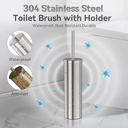 DOWRY Stainless Steel Toilet Bowl Brush and Holder for Bathroom, Deep Cleaning Toilet Brush and Holder Set with Long Handle, Hidden Toilet Bowl Brush with 2 Heads,Modern Decor Nickel Round 2PCS