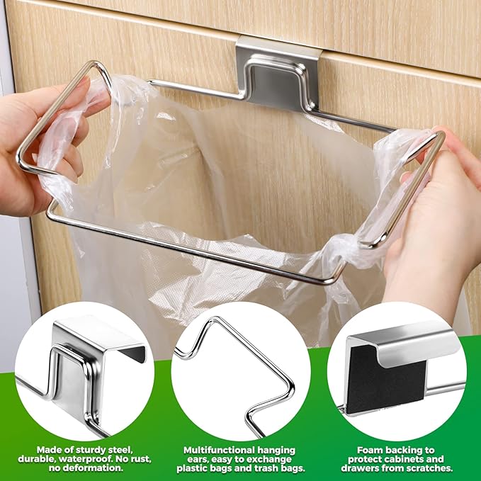 Trash Bag Holder,2 Pack Trash Bag Holder for Cabinet Door and Cupboards,Stainless Steel,Plastic Bag Holder Under Sink,Use for Kitchen,Bathroom,Camper,Rv