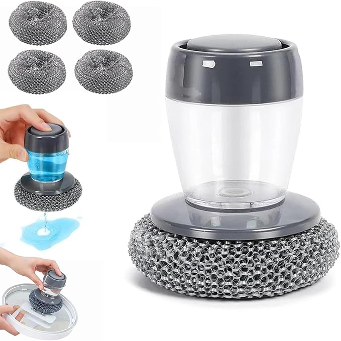 Soap Dispensing Dish Brush, 2 in 1 Kitchen Scrub Brush with Built in Soap Dispenser, Replaceable Dish Scrubber Bristles with Ergonomic Handle for Cleaning Dishes Pots Sinks (1)