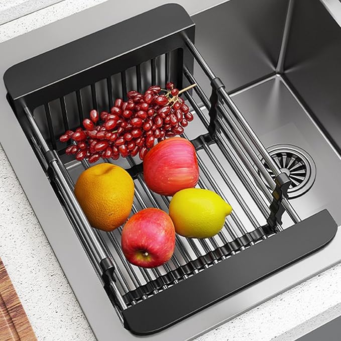 Dish Drying Rack, Adjustable Stainless Steel Drainer Basket Drain Tray for Dishes, Vegetables, and Fruit, On or in Sink Kitchen Basket (Black)