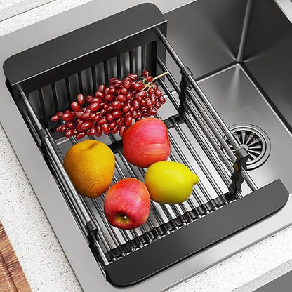 Dish Drying Rack, Adjustable Stainless Steel Drainer Basket Drain Tray for Dishes, Vegetables, and Fruit, On or in Sink Kitchen Basket (Black)