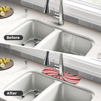 Red And White Candy Swirl Stripe Striped Mint Sugar Candy Cane Themed Kitchen Sink Splash Guard Faucet Mat Super Fast Drying Mat Sink Gadgets-Fast Drying Pad Sink Mat For Kitchen (15" X 5.5" )