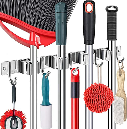 Broom Mop Holder Wall Mount Broom Hanger Wall Mounted Metal Organization Garage Storage Garden Kitchen Tool Organizer With 4 Racks and 5 Hooks (Silver, 1 Pack 4R5H)