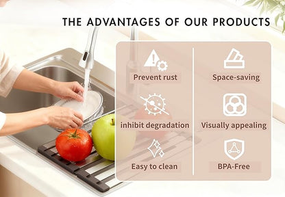 Over The Sink Kitchen Dish Drying Rack Organizer - Stainless Steel Collapsible Non-Slip Space-Saving [16.54 * 12.8IN] - Rust-Resistant Heat-Resistant Sturdy - Easy to Clean