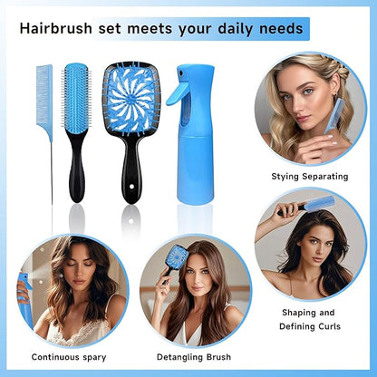 11 Pcs Hair Brush Set, Detangle Hair Brush And Spray Bottle, 3 Pieces Smooth Hairbrush For Toddlers, Suitable For Wet and Dry Hairstyles, Suitable For Adults And Children.(Blue)