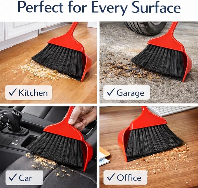 Heavy Duty Whisk Broom and Dustpan Set with Red Handle & Black Bristles, Compact Handheld Cleaning Combo for Home, Kitchen, Office, Garage & Car