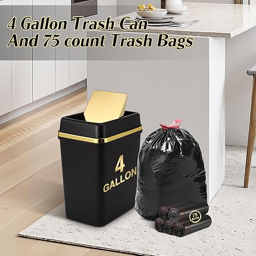3 Pack Bathroom Trash Can with Lid 4 Gallon Small Trash Can Black Bathroom Trash Can with 225 Counts Trash Bags for Kitchen Bedroom Office