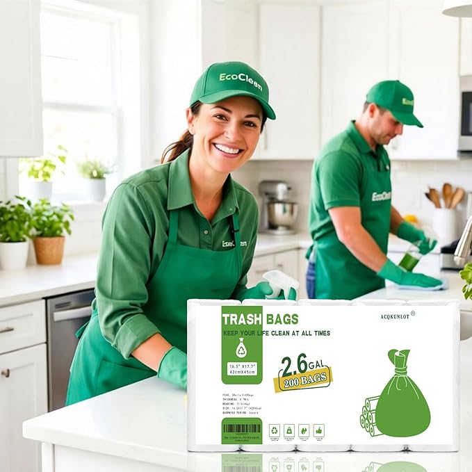 2.6 Gallon Small Trash Bags Bathroom - white Kitchen Mini Garbage Bags Biodegradable 200 Count Unscented Waste Basket Liners 10 Liter Tiny Office Car Strong Thick Bulk Acqkunlo