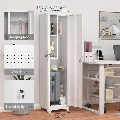 GREATMEET Slim Metal Utility Cleaning Storage Cabinet with Single Door, Narrow Tool Organizer for Brooms, Mops & Cleaning Supplies, Garage & Laundry Room Use, White