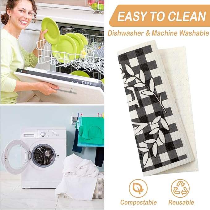 Funtery 6 Pcs Swedish Farmhouse Dishcloths Kitchen Black and White Buffalo Plaid Multipurpose Cellulose Sponge Cloths Love Family Together Home Reusable Towels for Kitchen Bathroom Cleaning Counters