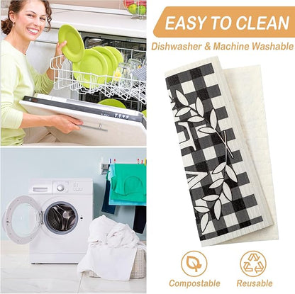 Funtery 6 Pcs Swedish Farmhouse Dishcloths Kitchen Black and White Buffalo Plaid Multipurpose Cellulose Sponge Cloths Love Family Together Home Reusable Towels for Kitchen Bathroom Cleaning Counters