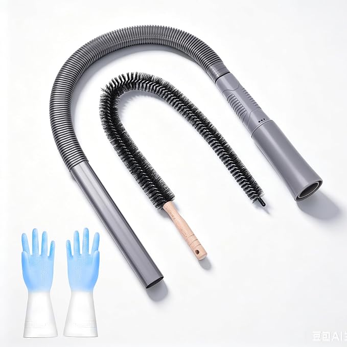 Dryer Vent Cleaner Kit: Vacuum Hose With Brush & Gloves Fits for Vacuums Cleaner, Refrigerator Condenser Coils, and Tight Spaces Behind Appliances, Deep Cleaning Tools for Clogged Ducts-Gray