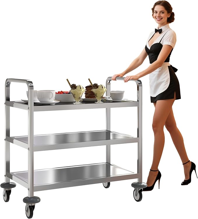 uyoyous 3 Tier Stainless Steel Utility Cart, 360° Rotation Wheels & 400 lbs Capacity, Commercial Serving Cart Heavy Duty Rolling Cart for Kitchen Hotel Restaurant Home, 30" L x 16" W x 33" H