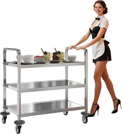 uyoyous 3 Tier Stainless Steel Utility Cart, 360° Rotation Wheels & 400 lbs Capacity, Commercial Serving Cart Heavy Duty Rolling Cart for Kitchen Hotel Restaurant Home, 30" L x 16" W x 33" H