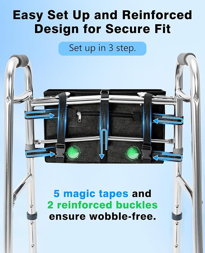 Rhino Valley Walker Bag, Secure Fit Walker Basket with Cup Holder, Large Capacity Foldable Walker Accessories for Seniors, Detachable Folding Walker Pouch Organizer for Older Elderly Gifts, Black