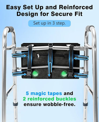 Rhino Valley Walker Bag, Secure Fit Walker Basket with Cup Holder, Large Capacity Foldable Walker Accessories for Seniors, Detachable Folding Walker Pouch Organizer for Older Elderly Gifts, Black