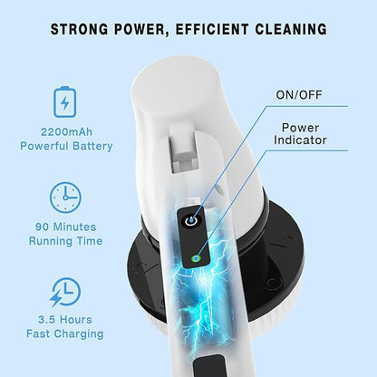KEROMEE Electric Spin Scrubber Cordless Cleaning Brush with 7 Replaceable Brush Heads & Adjustable Extension Handle, 2 Speed Power Shower Scrubber for Bathroom, Tub, Tile, Floor (White)