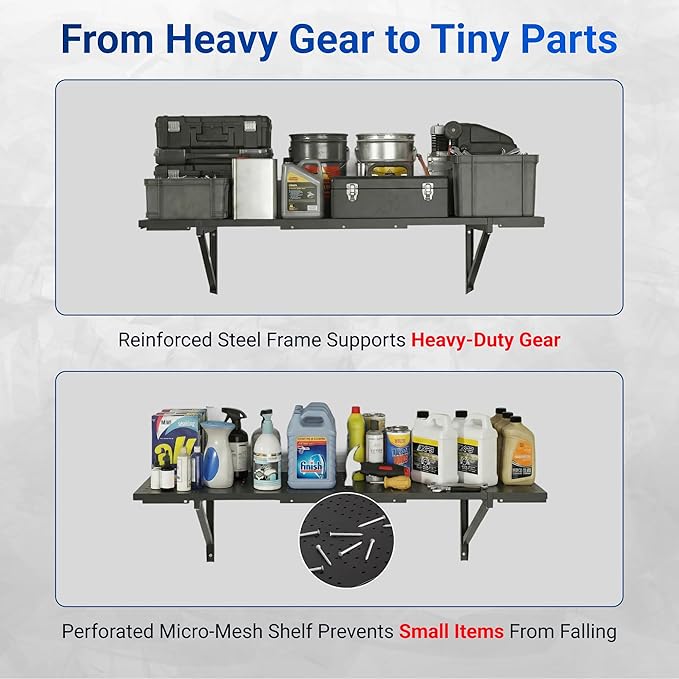 FLEXIMOUNTS 2-Pack 1x3ft Garage Shelving 14-inch-by-34-inch Perforated Wall Shelf, Heavy Duty Garage Storage Rack with 700 lbs Load Capacity, Wall Mounted Organization System for Tools, Heavy Bins