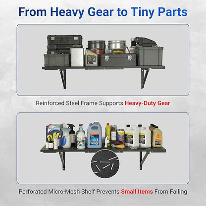 FLEXIMOUNTS 2-Pack 1x3ft Garage Shelving 14-inch-by-34-inch Perforated Wall Shelf, Heavy Duty Garage Storage Rack with 700 lbs Load Capacity, Wall Mounted Organization System for Tools, Heavy Bins