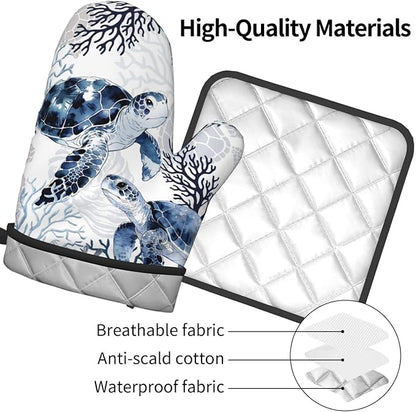Coastal Oven Mitts and Pot Holders Sets of 2 Summer Kitchen Mitts Blue Sea Turtle Hot Pads for Cooking Baking Grilling