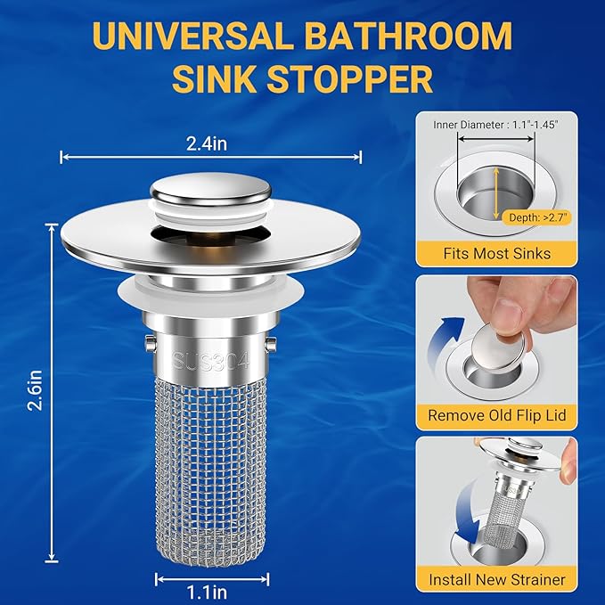 Bathroom Sink Drain Strainer, Pop-Up Bathroom Sink Stopper with Removable Stainless Steel Hair Catcher Basket, Universal Fit for US Bathroom Sinks, Showers & Floor Drains (4pcs)
