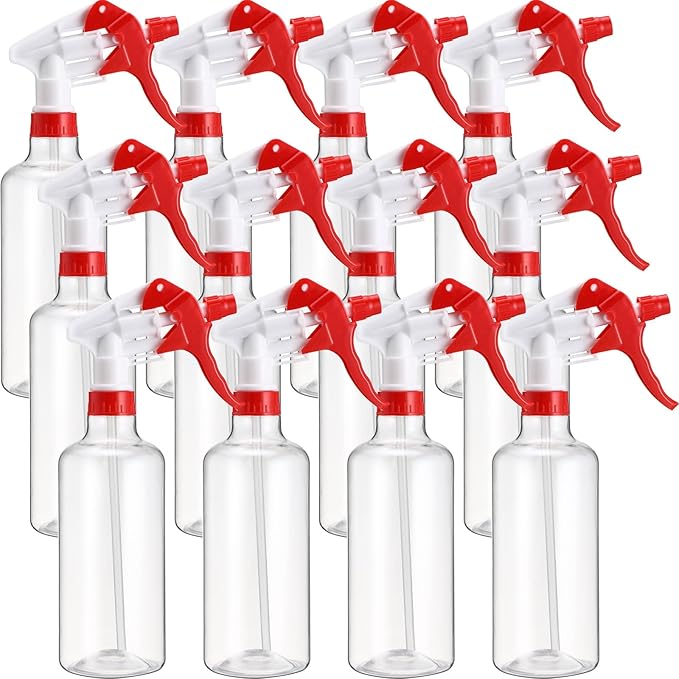 Eccliy 12 Pcs 16 Oz Plastic Spray Bottle, Adjustable Empty Reusable Sprayer for Cleaning, Planting, Water, Bathroom and Kitchen, BBQ, Commercial and Residential (Clear,Red)