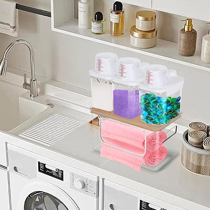 11.6"×7.5"×7" Large Trash Bag Holder with Bamboo Lid 3Pcs Air Tight Laundry Detergent Organizers with lid Measuring Cup Dishwasher Pod Holder Stackable Containers Under Sink for Kitchen Laundry Room