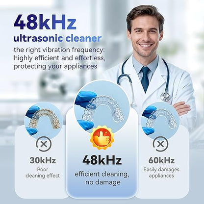 Ultrasonic Retainer Cleaner Machine 48kHz, Dental Cleaning Pod, Ultrasonic Retainer Cleaner for Dentures, Aligners, Mouth Guards, Toothbrush Heads and Jewelry with 200ML Capacity, LAB Supply