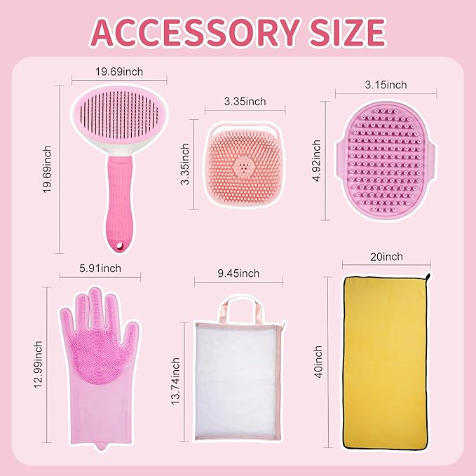 6PCS Pet Bath Grooming Kit for Dogs and Cats, Dog Washing Set with Hair Brush, Shampoo Scrubber, Bath Gloves, Quick Dry Towel & Large Storage Bag, Pink Pet Shower Grooming Supplies