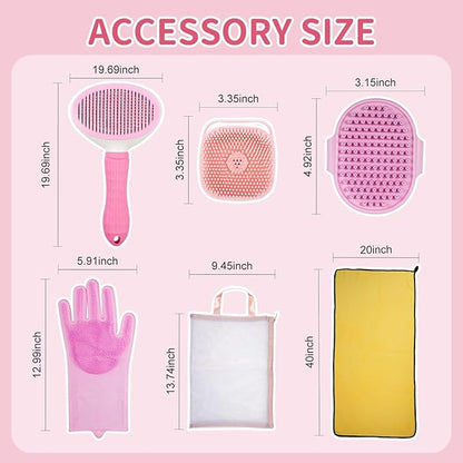 6PCS Pet Bath Grooming Kit for Dogs and Cats, Dog Washing Set with Hair Brush, Shampoo Scrubber, Bath Gloves, Quick Dry Towel & Large Storage Bag, Pink Pet Shower Grooming Supplies
