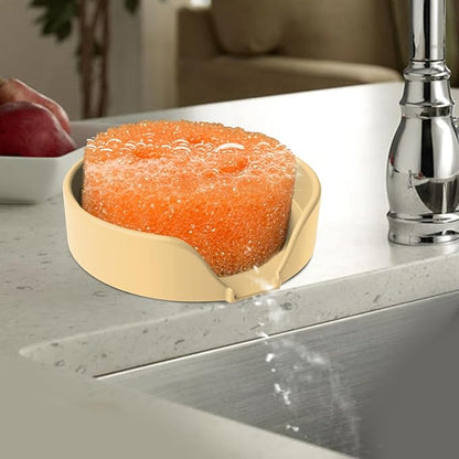 Sponge Holder for Scrub Daddy with Suction Cups and Drain Spout Kitchen Sink Caddy Organizer, Soap Dishes Holder Accessories Rack, Dishwasher Safe - 4.7"x4.7", Sand Color