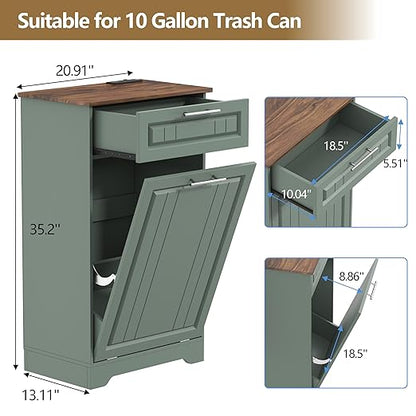 Single 10 Gallon Tilt Out Trash Can Cabinet with Deodorizing Function, Wooden Hidden Garbage Can Holder with Storage Drawers for Kitchen and Dining Room, Laundry Hamper Cabinet for Bathroom, Green