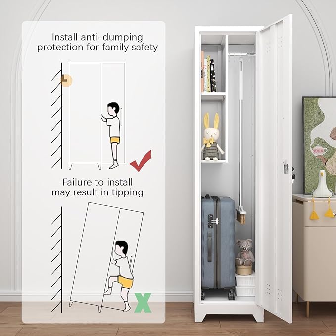 GREATMEET Slim Metal Utility Cleaning Storage Cabinet with Single Door, Narrow Tool Organizer for Brooms, Mops & Cleaning Supplies, Garage & Laundry Room Use, White