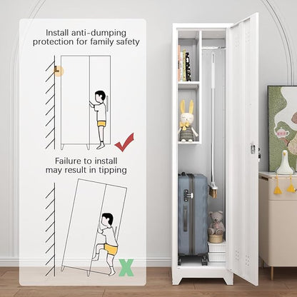 GREATMEET Slim Metal Utility Cleaning Storage Cabinet with Single Door, Narrow Tool Organizer for Brooms, Mops & Cleaning Supplies, Garage & Laundry Room Use, White