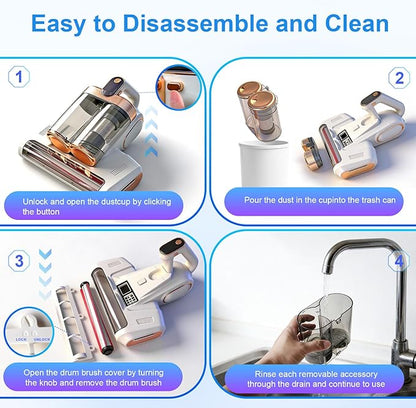 Cordless Mattress Vacuum Cleaner with UV-C Light - Advanced Dust Removal & Deep Cleaning Technology for Beds, Sofas, Carpets, Pet Hair and Household Dust, Handheld sofa Vacuum Cleaner for Home Use