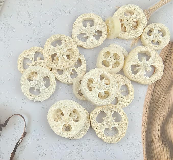 25PCS Natural Loofah Slices, Reusable Natural Loofah Cuts for Cleaner Sponge Scrubber, Facial Soap Holder and DIY Customize Soap Tools with 1 Storage Bag (Diameter 2In, Thick 1In)