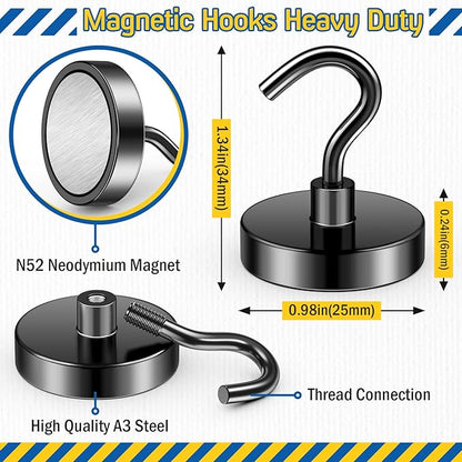 FINDMAG Black Magnetic Hooks, 80lbs Strong Cruise Magnets, Neodymium Magnets with Hooks Heavy Duty, N52 Magnetic Hooks for Cruise Cabins, Travel, Kitchen, Fridge, Camper, Tool, Garage, Pack of 6