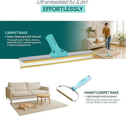 Carpet Rake for Pet Hair Removal, 3-Pack Reusable Dog & Cat Hair Remover Tool Set, Adjustable 56in Long Handle Carpet Rake + Mini Lint Brushes for Rugs, Couches, Floor Mats, Stairs, Car Seats